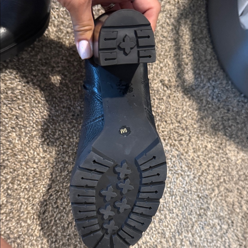 Tory Burch Black Leather Block Heel Ankle Boot with Logo Strap - Picture 2 of 7